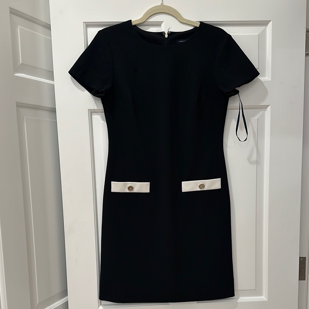Tommy Hilfiger Black and White Sheath Dress with Flutter Sleeves